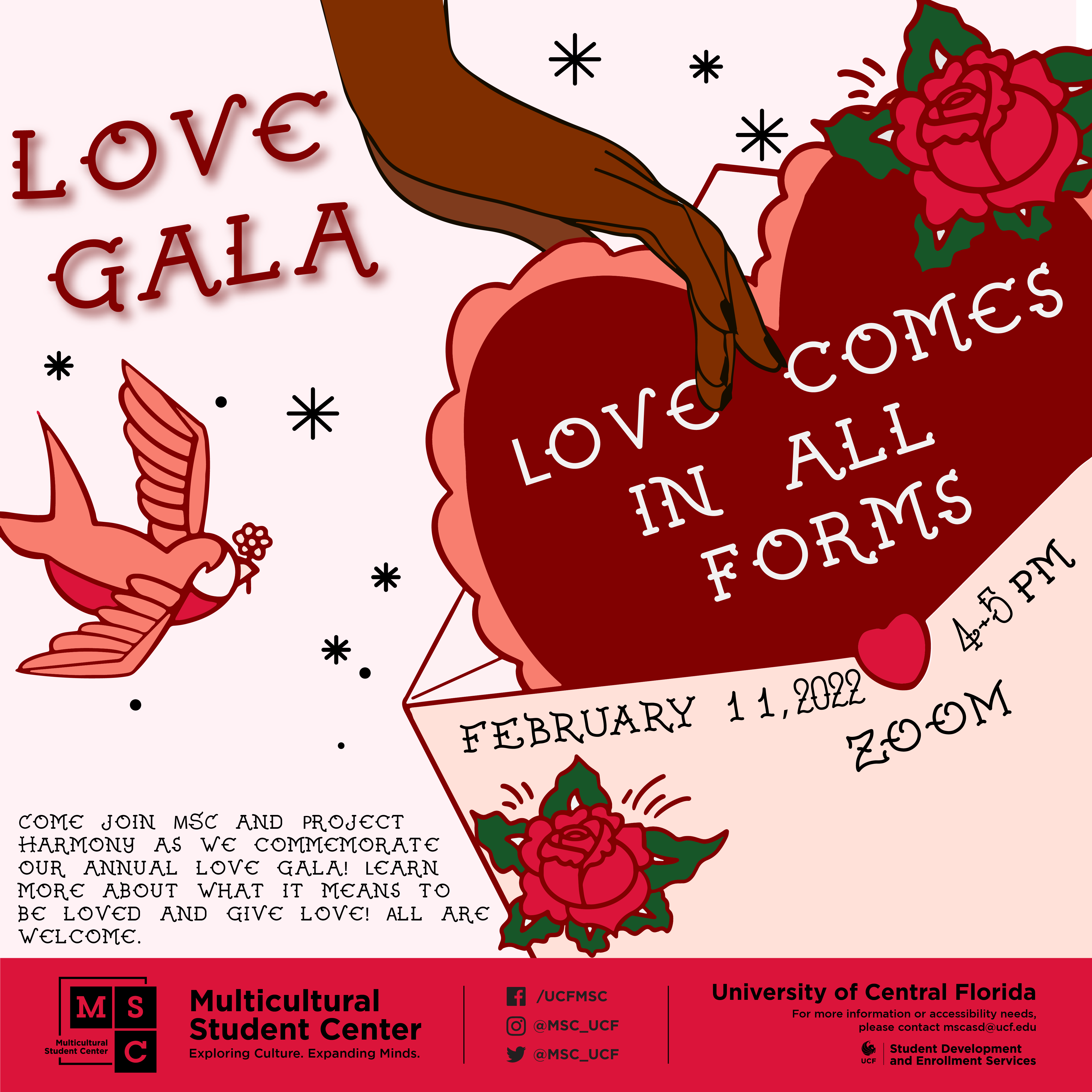 Love Gala event flyer design, person holding paper heart going into envelope